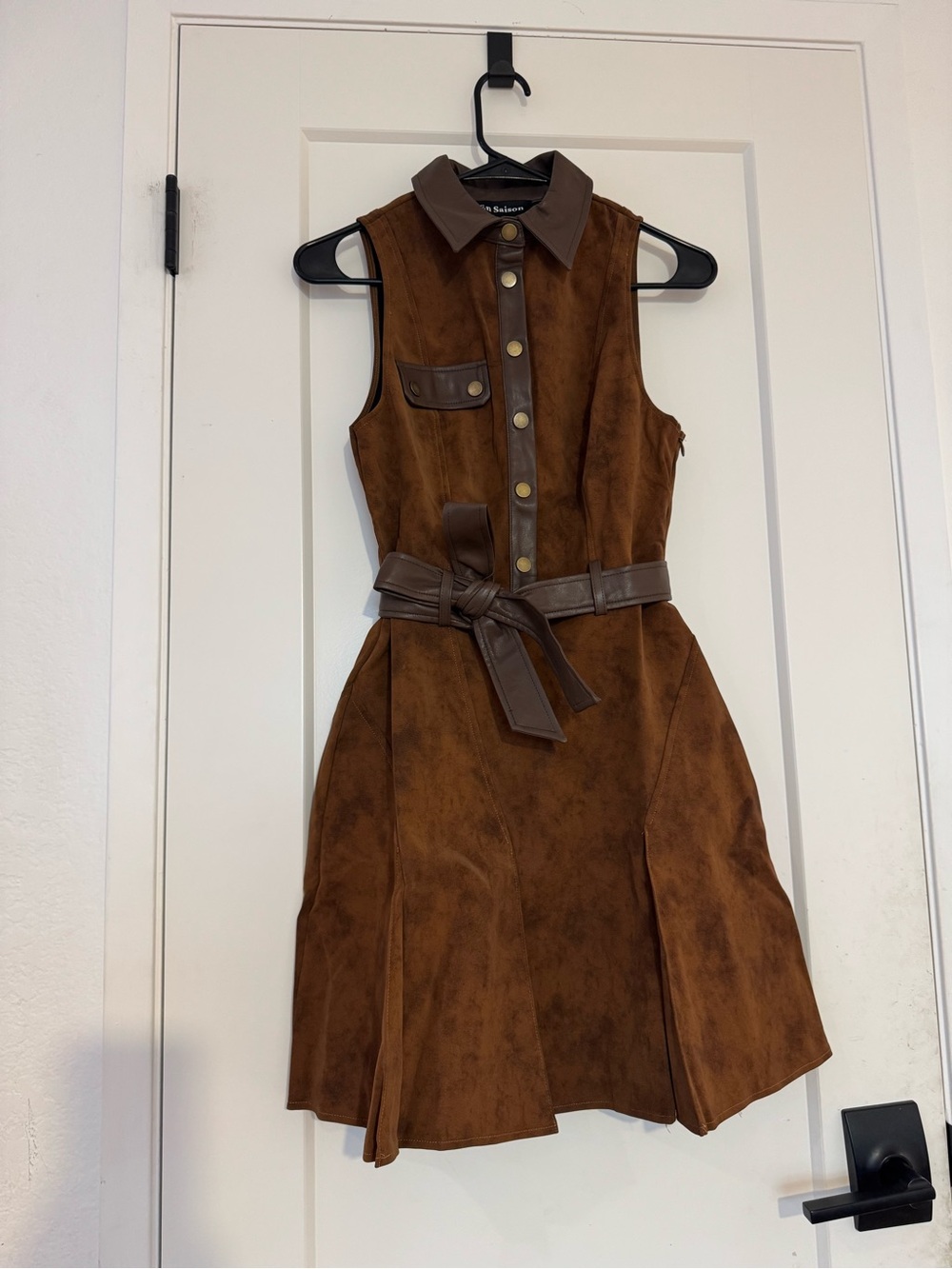 [NWOT] En Saison Size S Brown Faux Suede Leather Trim Belted A-Line Dress - Picture 3 of 13